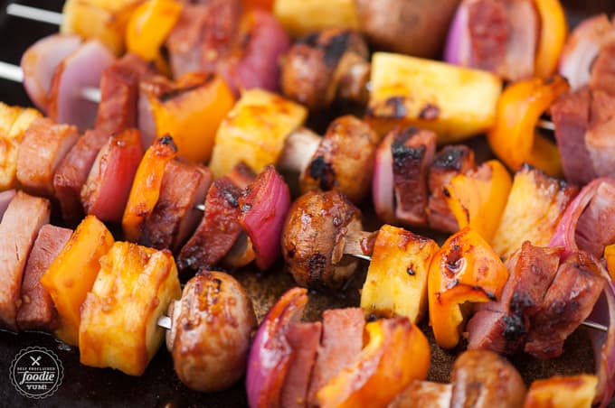 skewers with ham, mushroom, pineapple, onion