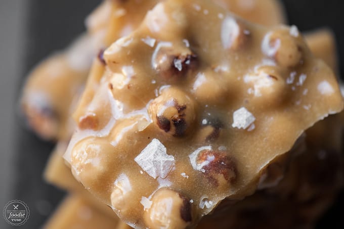 A close up of a chunk of hazelnut brittle