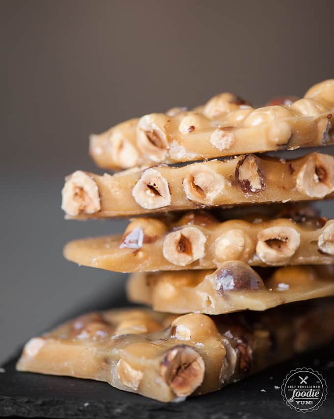 A close up of a stack of hazelnut brittle