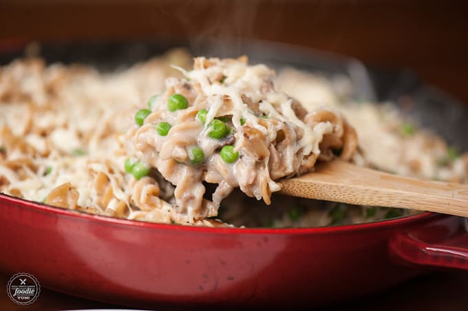 scoop of whole wheat pasta, tuna, mushroom sauce, peas