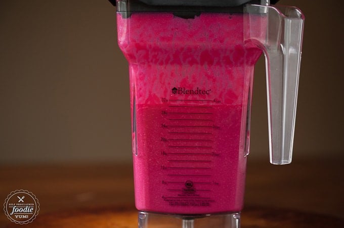 bright pink pancake batter in blender