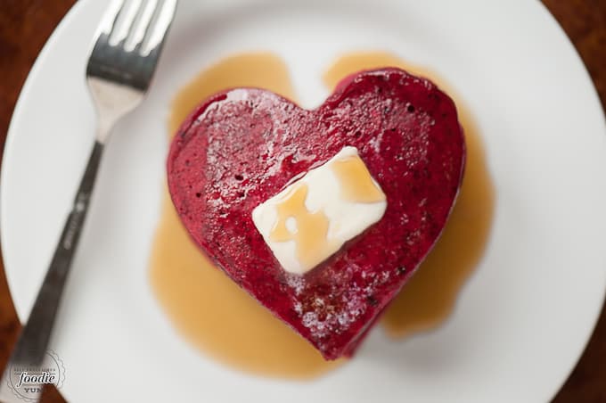 red velvet heart shaped beet pancakes