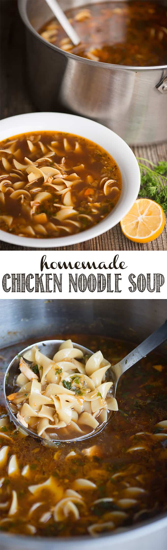 Homemade Chicken Noodle Soup is a hearty, healthy, and comforting meal that everyone should know how to make from scratch. This recipe starts with homemade chicken broth, veggies to add flavor and vitamins, and egg noodles to make in an old fashioned favorite! This chicken soup is the perfect remedy if you're sick! #chicken #chickensoup #chickennoodlesoup #homemade #homemadechickennoodlesoup