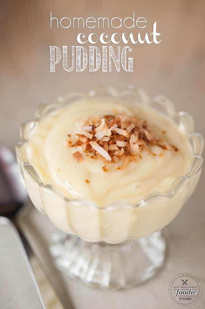Old fashioned Homemade Coconut Pudding with toasted coconut in glass dish