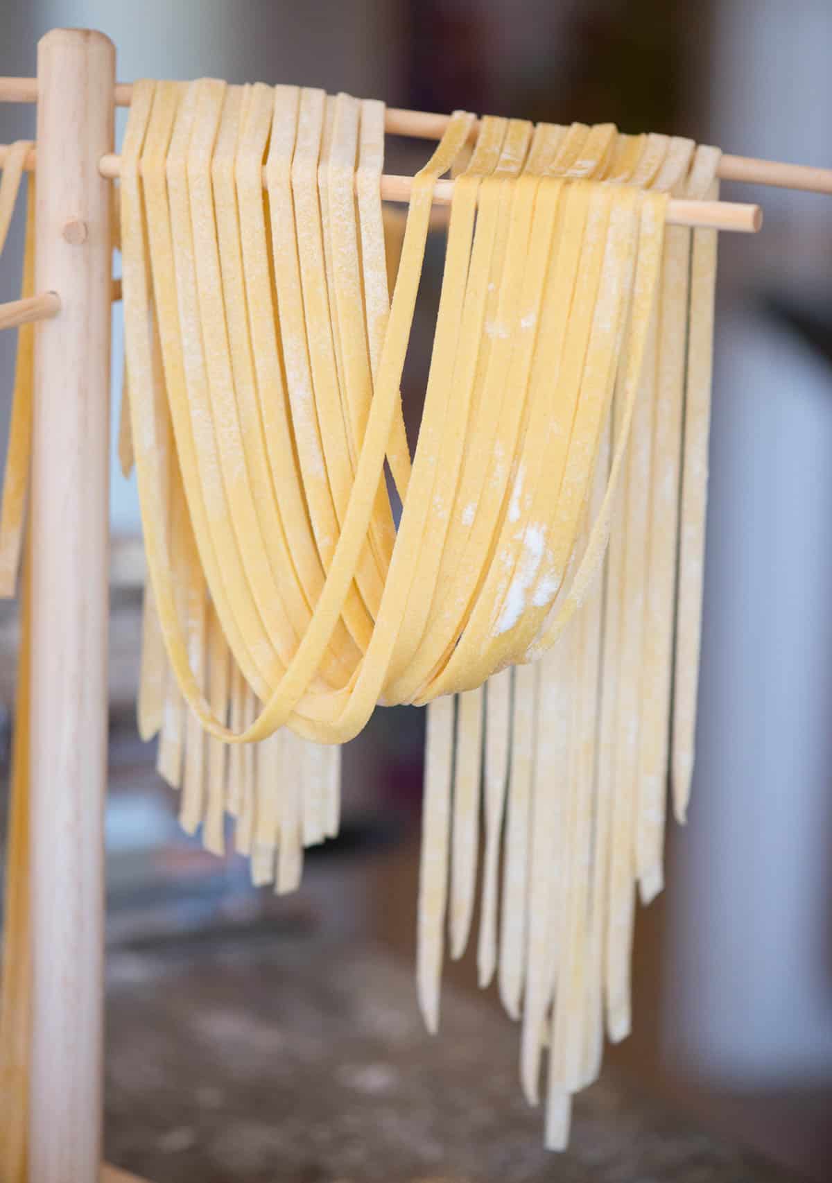 homemade pasta on rack.