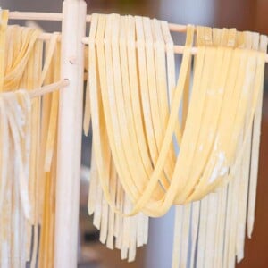 homemade pasta on drying rack