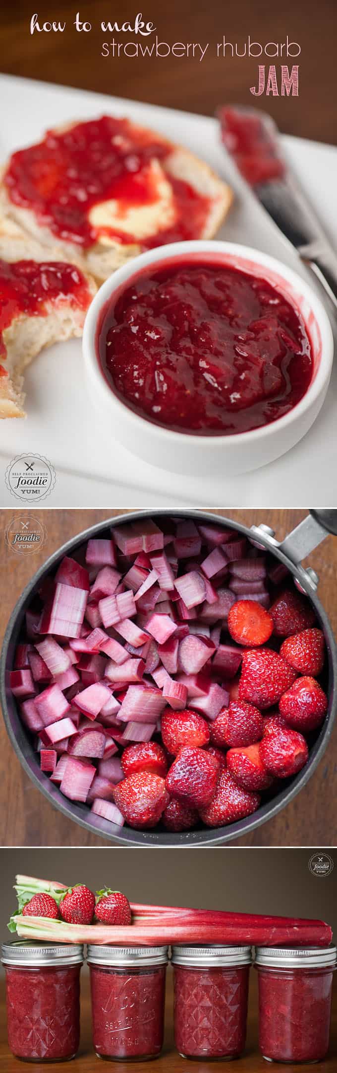 Canning in jars is easy when you know How to Make Strawberry Rhubarb Jam from fresh rhubarb, strawberries, sugar and lemon without pectin. #strawberry #rhubarb #jam #jelly #strawberryrhubarb #strawberryrhubarbjam