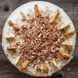 frosted cake with pecans