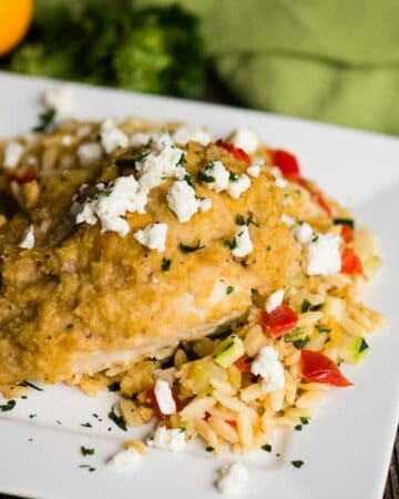Hummus Baked Chicken and orzo