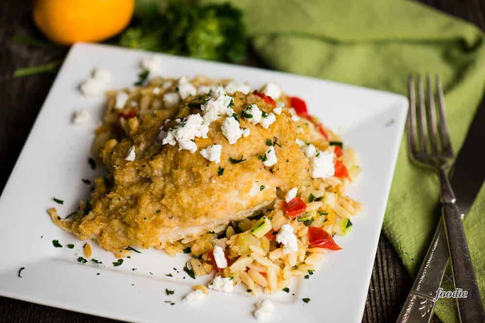 Hummus Baked Chicken with Feta and Vegetable Orzo Self Proclaimed Foodie