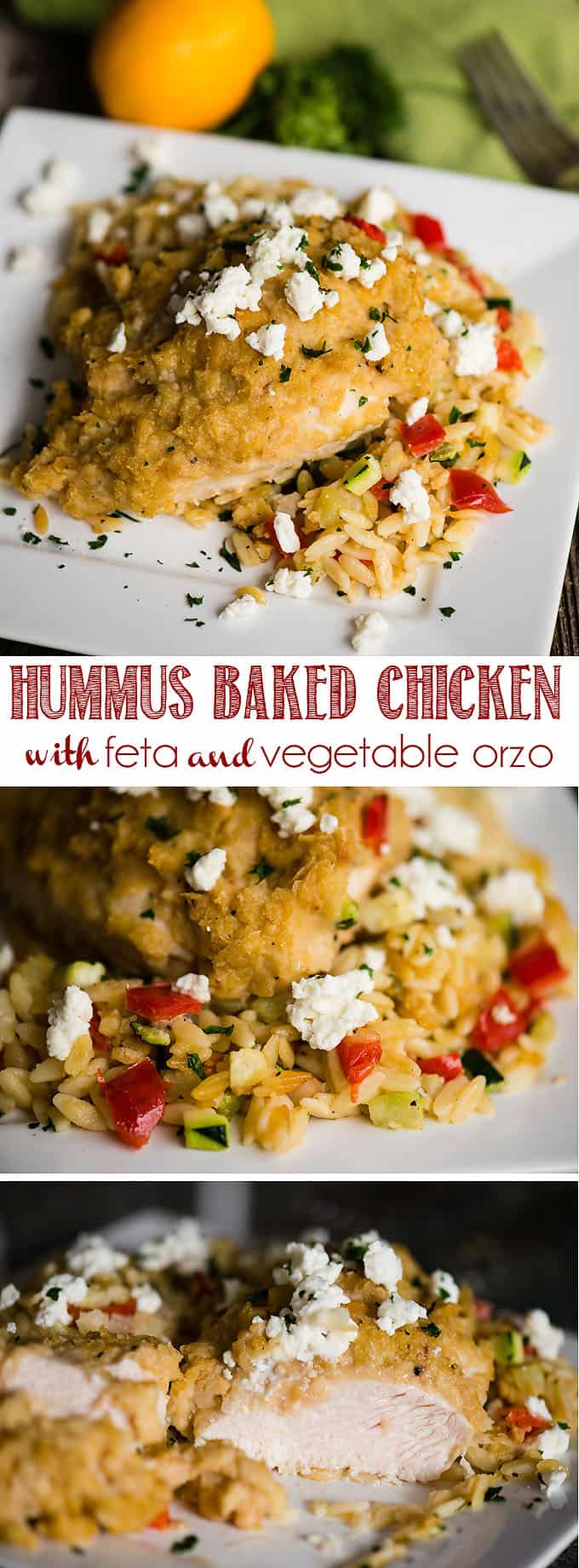 Hummus Baked Chicken with Feta and Vegetable Orzo is a delicious and healthy home cooked meal! Smashed chickpeas, lemon, and olive oil smother boneless skinless chicken breasts which are baked on a flavorful bed of orzo with bell peppers and zucchini and then topped with feta cheese. So delicious! #hummus #chickpeas #garbanzobeans #chicken #chickenbreasts #orzo #vegetableorzo #dinner #easy #recipe