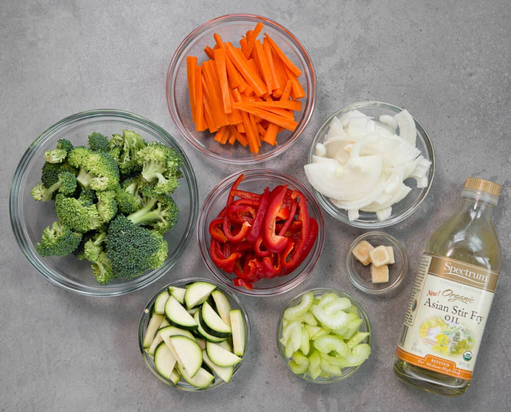 stir fry vegetables in bowls prior to cooking