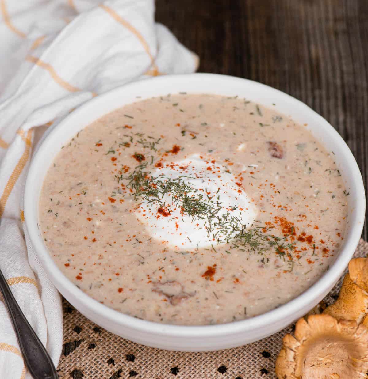 authentic Hungarian Mushroom Soup in white bowl