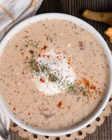 bowl of Hungarian Mushroom Soup topped with sour cream