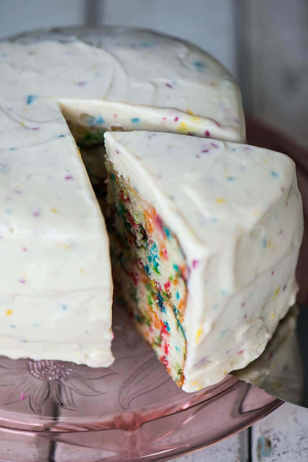 a piece of inside out birthday ice cream cake