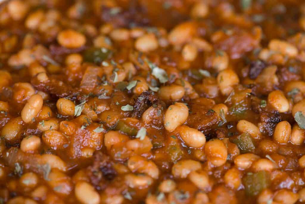 close up of homemade baked beans