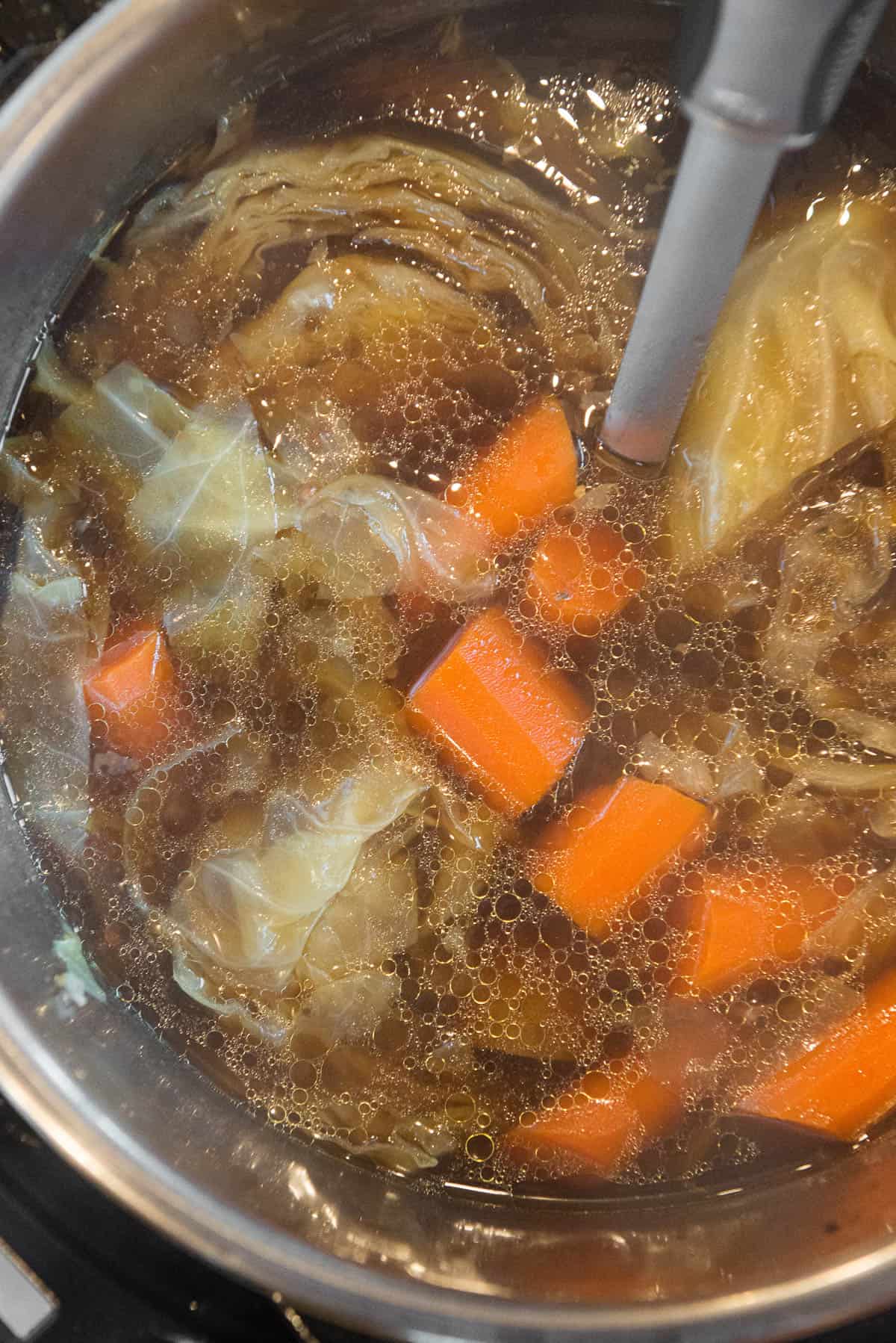 cooked cabbage and carrots in broth