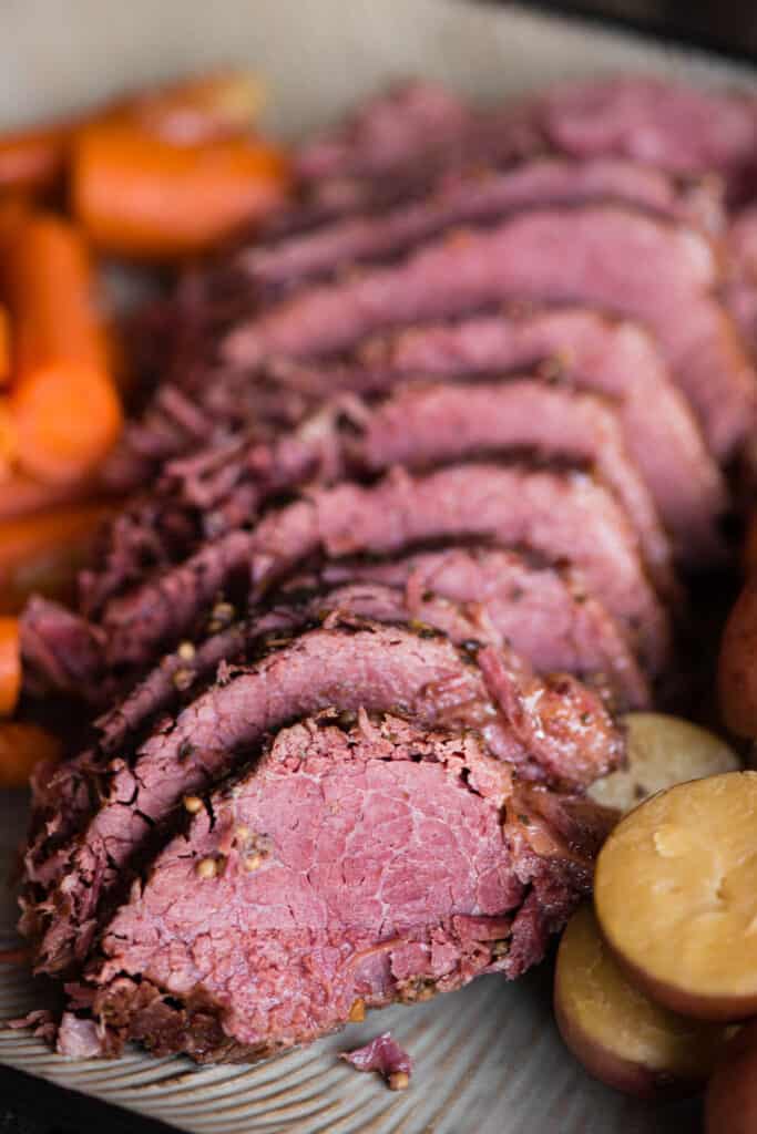 sliced Corned Beef with potatoes and carrots