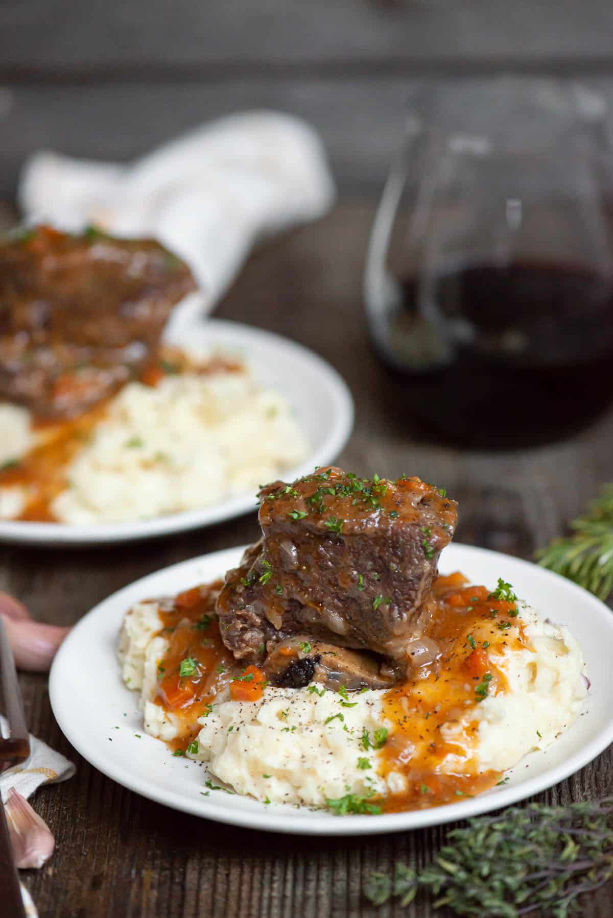 instant pot short ribs with gravy over mashed potatoes.