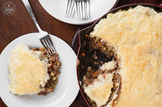 shepards pie in cast iron pan and on white plate
