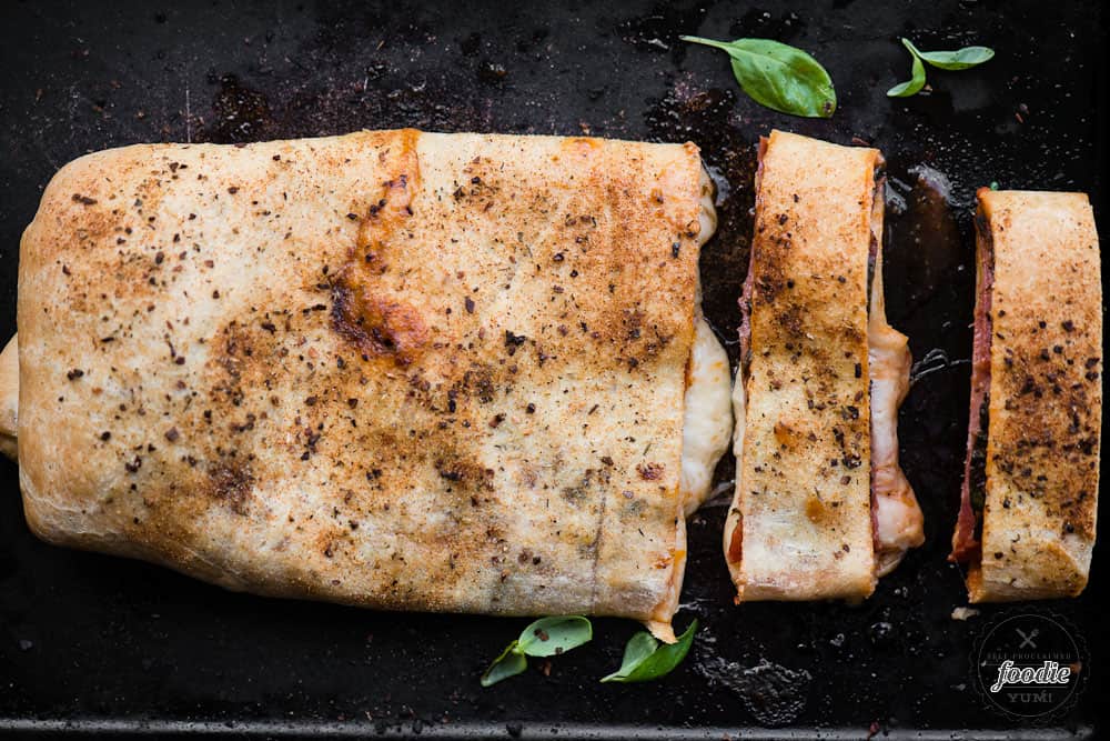 top of sliced Italian stromboli