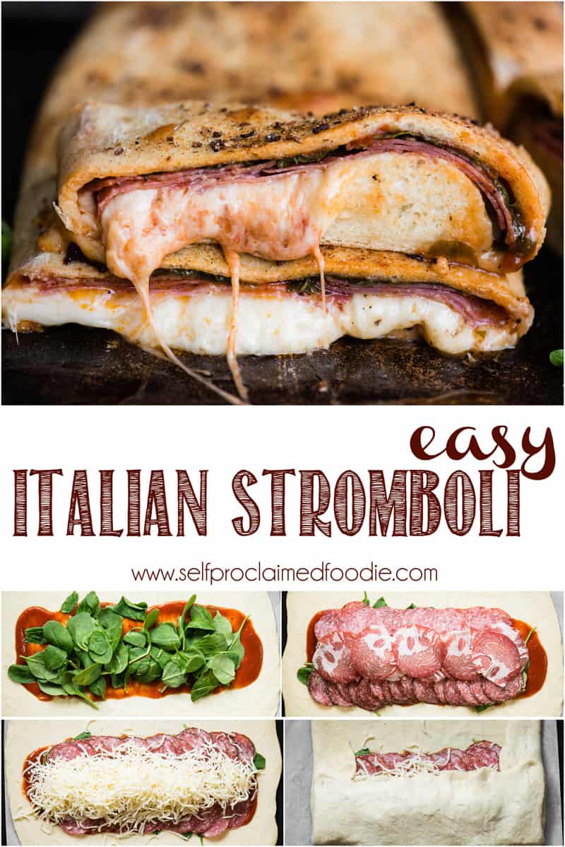 Italian Stromboli is a tasty hot sandwich loaded with pizza sauce, spinach, cured Italian meats, and melted mozzarella wrapped in homemade pizza dough. #stromboli #italianstromboli #easy #strombolidough #strombolifilling #italian #italianstromboli #homemade #recipe