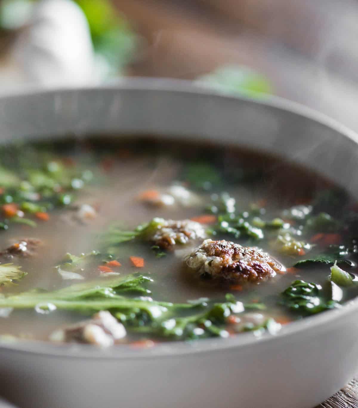 steamy hot bowl of homemade Italian wedding soup.