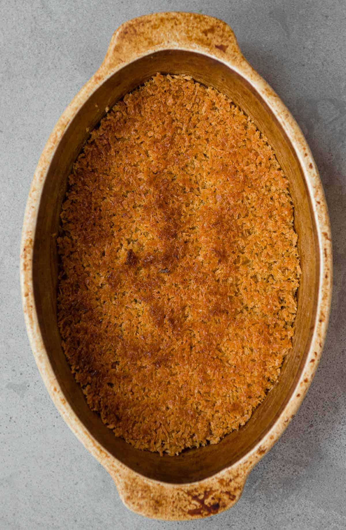 toasted breadcrumbs in oval dish