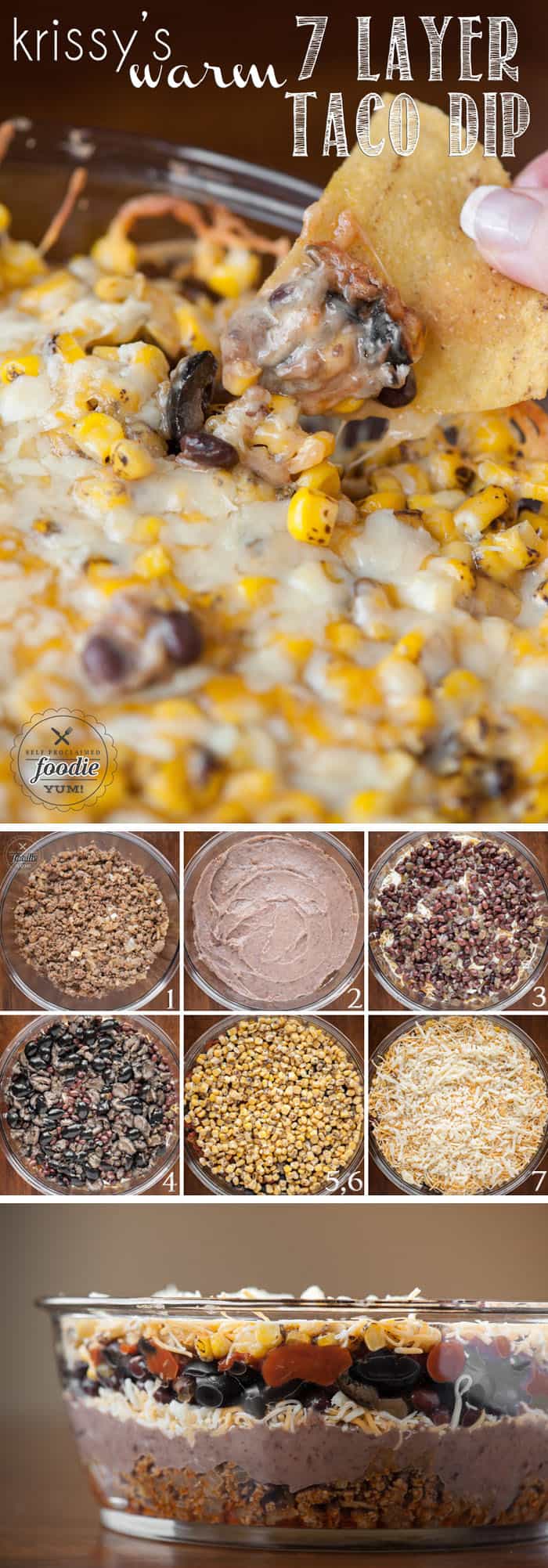 Krissy's Warm 7 Layer Taco Dip has all the delicious ingredients you'll find in your favorite taco and makes a perfect family dinner or game day party.