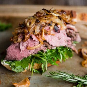 sandwich with leftover prime rib and caramelized onions