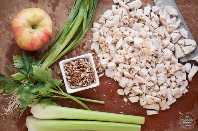 ingredients for leftover turkey salad on a cutting board