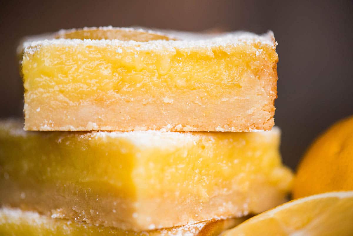 close up side view of homemade lemon bars