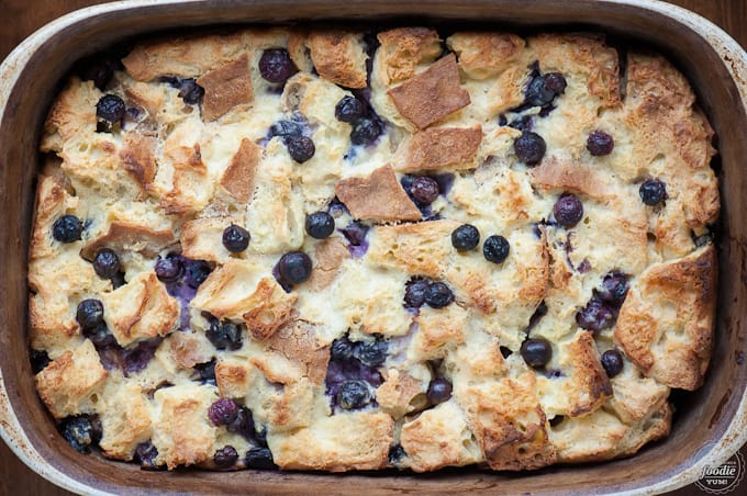 lemon blueberry ricotta bread pudding in a dish
