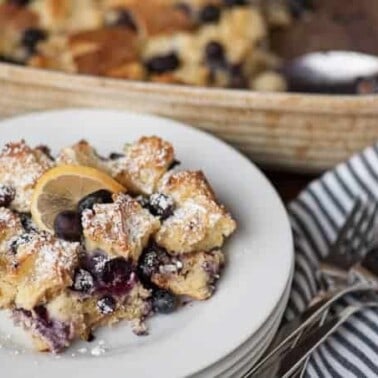 This Lemon Blueberry Ricotta Bread Pudding made with fresh berries is a rich and delicious make ahead breakfast casserole your family will love.