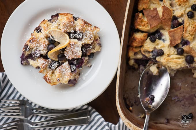 lemon blueberry ricotta in a dish and on a plate