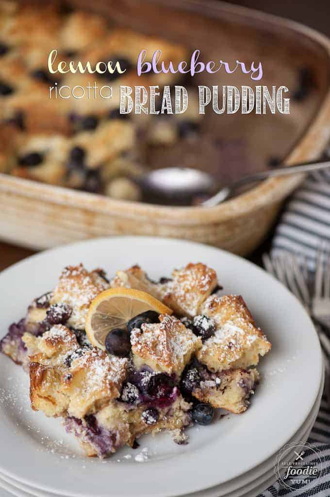 lemon blueberry ricotta bread pudding  on a plate