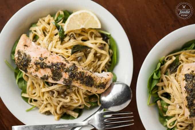 a big bowl of lemon caper pesto salmon pasta