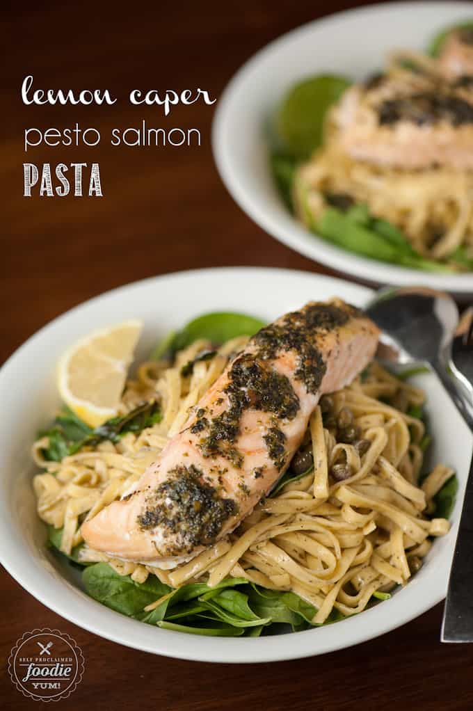 a bowl of lemon caper pesto salmon pasta