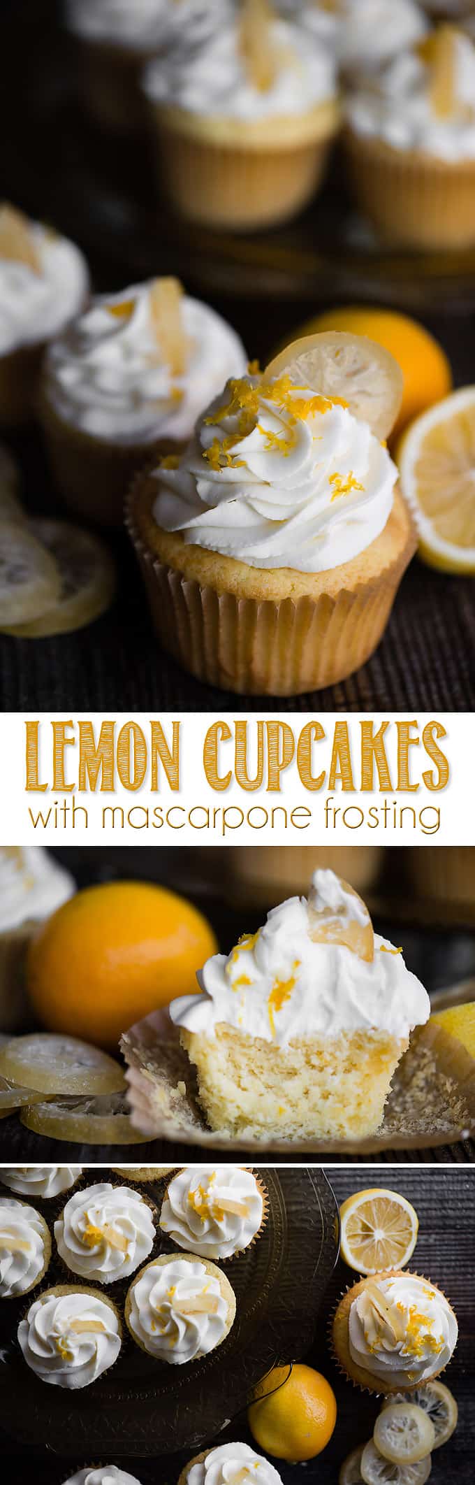 Lemon cupcakes, made from scratch, are perfectly moist and sweet. Made with both lemon juice and lemon zest, the light and fresh citrus flavor shines through. The trick to perfect homemade cupcakes is in how you mix the batter. Topping these lemon cupcakes with mascarpone frosting is downright heavenly! #lemon #cupcake #cupcakes #lemoncupcakes #frosting #lemoncupcake #homemadecupcakes