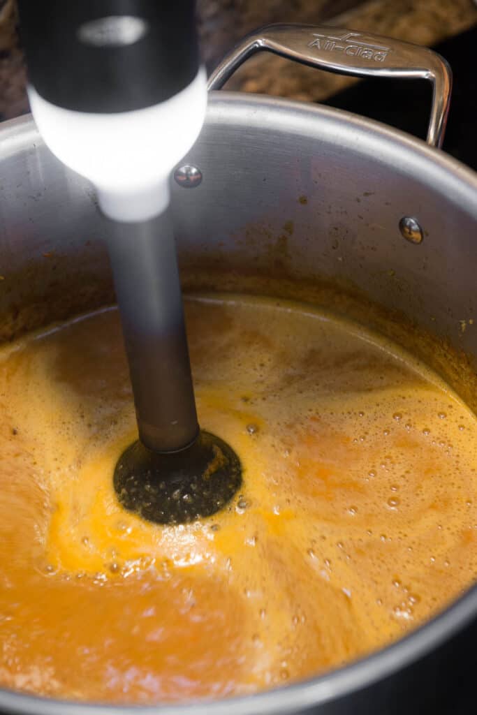 pureeing bisque with immersion blender
