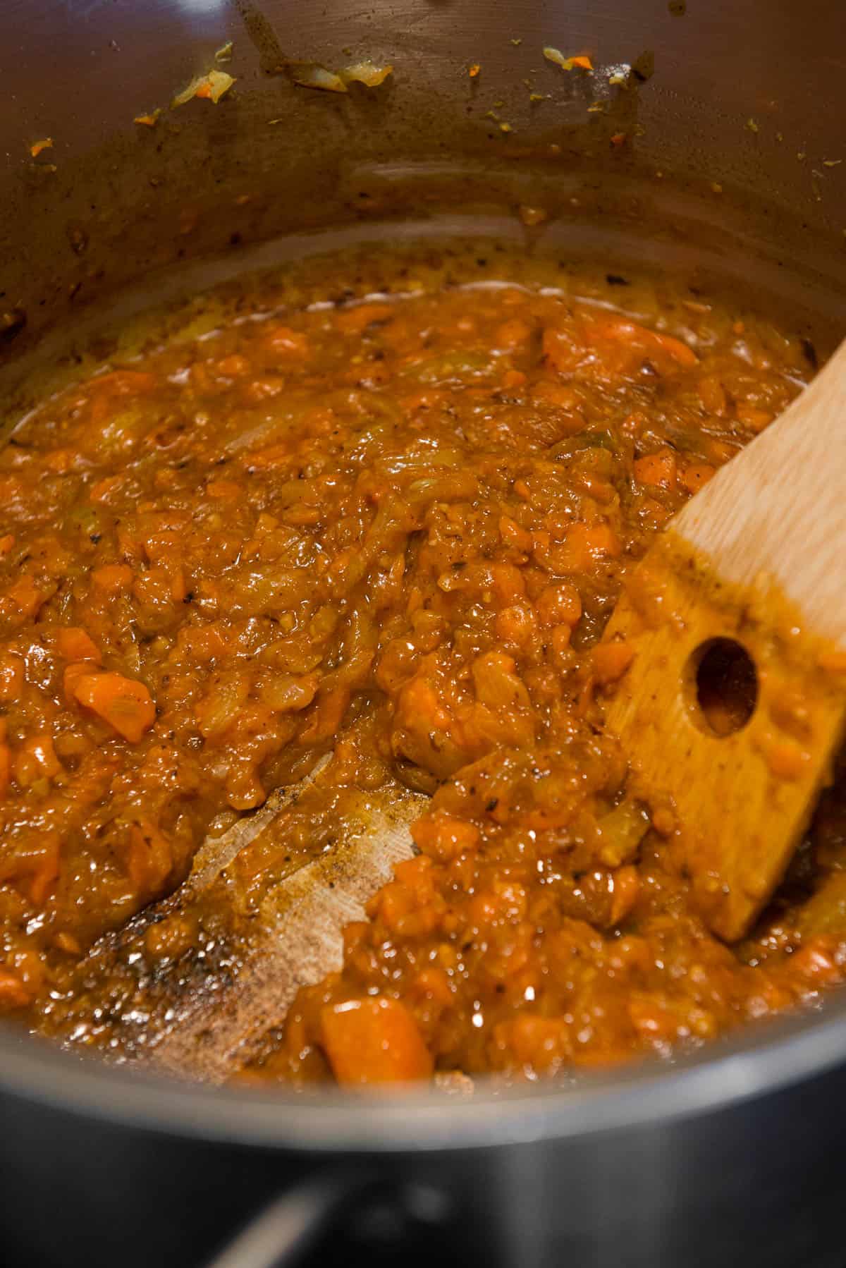 thickened mirepoix with white wine