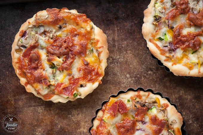 top down view of homemade mini pizzas