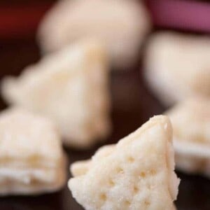 A close up of a cream wafers