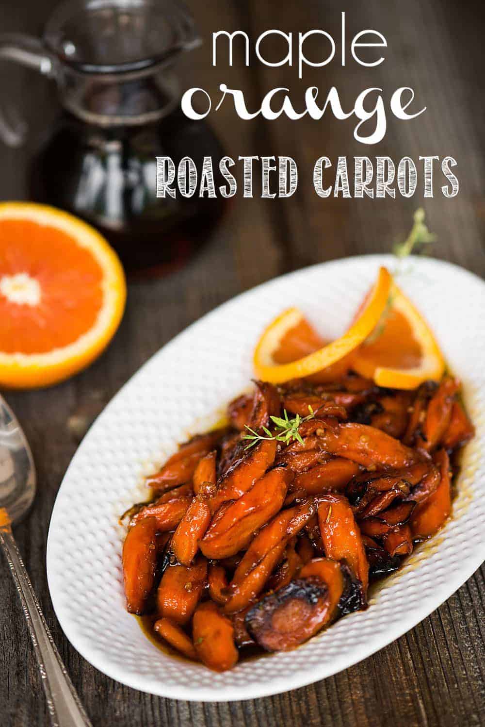 maple orange roasted carrots on a white plate