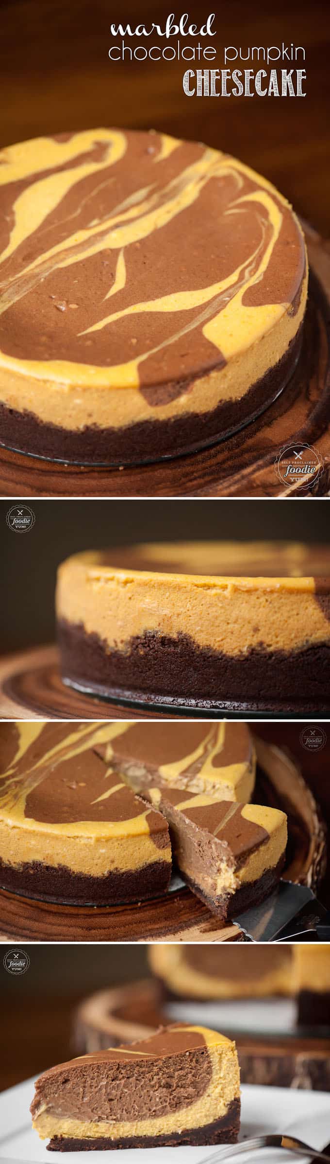 This homemade Marbled Chocolate Pumpkin Cheesecake made with a chocolate graham cracker crust and pumpkin puree is the perfect fall or Thanksgiving dessert!