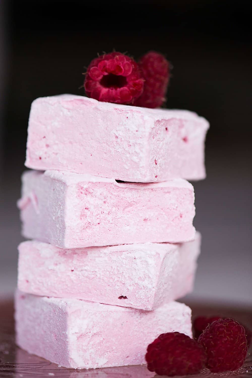 a stack of raspberry marshmallows