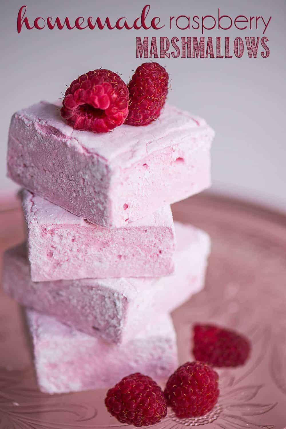 homemade raspberry marshmallows stacked on top of one another