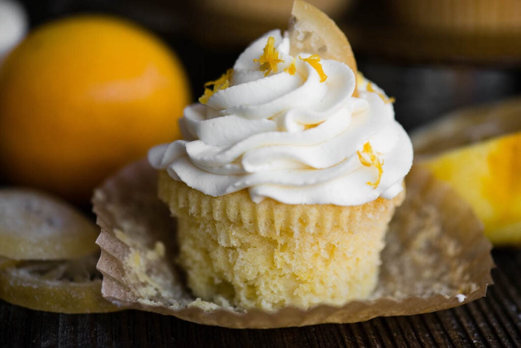 lemon cupcake topped with mascarpone frosting
