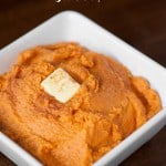 A side dish of Mashed Sweet Potatoes made with greek yogurt and a touch of brown sugar provide a tasty balance of complex carbohydrates, fiber, and protein.