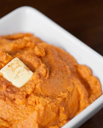 A side dish of Mashed Sweet Potatoes made with greek yogurt and a touch of brown sugar provide a tasty balance of complex carbohydrates, fiber, and protein.